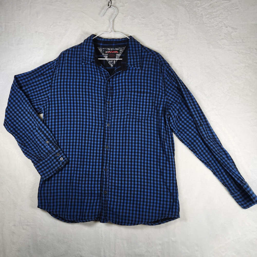 Hawk XL Mens Button Up Shirt Long‎ Sleeve Blue Black Plaid Checkered
